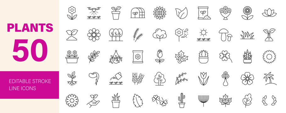 Plants icon set. Editable line icons. Vector illustration.