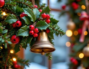 Vintage Brass Bell with Holiday Evergreen Decoration