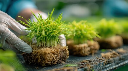 Gloved hands transplanting rice seedlings with care in a genetic agricultural setting.