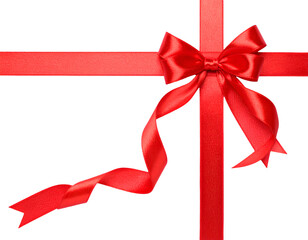 Long red satin ribbon with decorative bow and curved ends isolated on transparent png