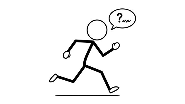 Stick figure running with a questioning thought bubble.