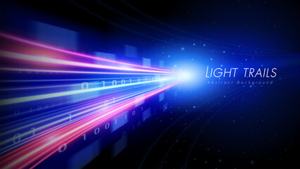 Abstract background with blue light trails and glowing binary code on dark backdrop. Concept of data flowing into a center.