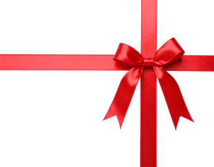 Long red satin ribbon with decorative bow and curved ends isolated on transparent png