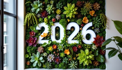 Futuristic Numeric Display Amid Lush Vertical Garden