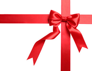 Long red satin ribbon with decorative bow and curved ends isolated on transparent png