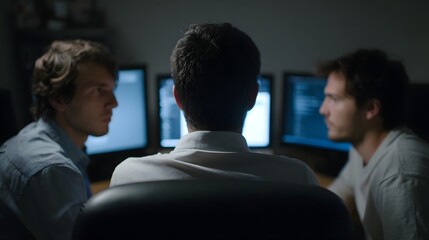 A team of men collaborating around multiple glowing computer monitors in a dark room