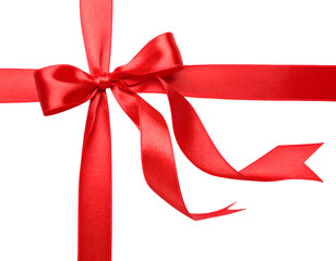Long red satin ribbon with decorative bow and curved ends isolated on transparent png