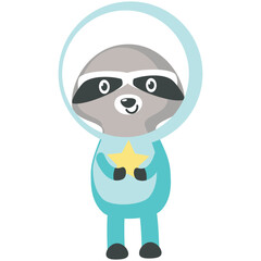 Cartoon funny raccoon in cosmonaut spacesuit vector. Funny cartoon space character icon. Comic animal spaceman in astronaut helmet holding star isolated on white background