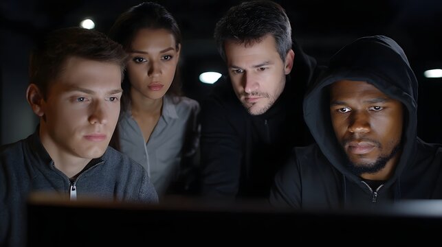 A diverse team intensely focused on a glowing computer screen in a dark modern office setting - Powered by Adobe