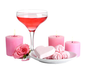 Pink cocktail and heart-shaped meringues on plate with romantic candles isolated on transparent png