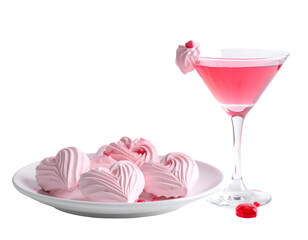 Pink cocktail and heart-shaped meringues on plate with romantic candles isolated on transparent png
