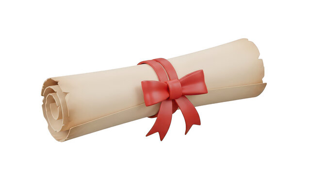 3D rolled parchment scroll with red ribbon bow, background removal, cut-out antique paper.