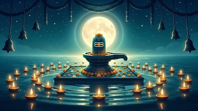 Honoring the shiva lingam on shivaratri, this serene blue illustration features floating diyas under a full moon over water.