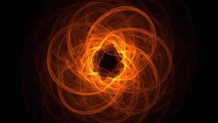 Abstract intricate orange geometric swirls with a dark center on a black background. A vibrant energy pattern.