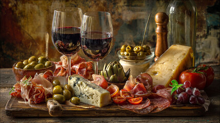 Luxury Charcuterie and Cheese Board with Red Wine, Grapes and Mediterranean Delicacies.