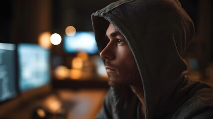 A young man wearing a hood looks intently at computer screens in a dark indoor setting with soft background lights