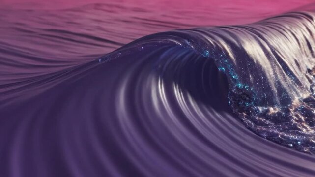 A vibrant purple wave crests, shimmering with bioluminescent blue sparks against a pink sea