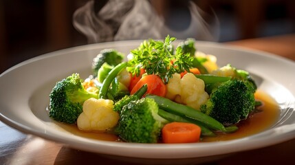 Steamed mixed vegetables with sauce garnished with parsley and rising steam
