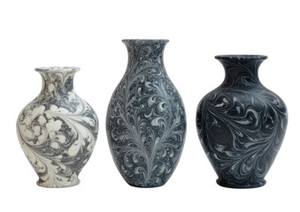 Three marbled vases of different sizes stand against a dark backdrop