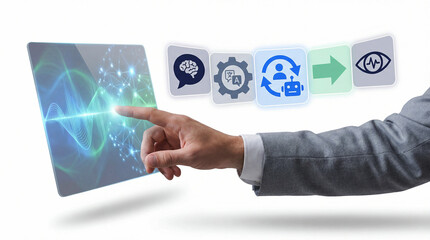 Man in suit interacts with futuristic digital tablet displaying abstract technology icons and data visualization