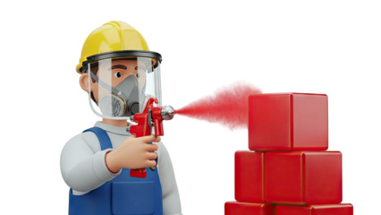Cartoon worker painting red cubes with spray gun