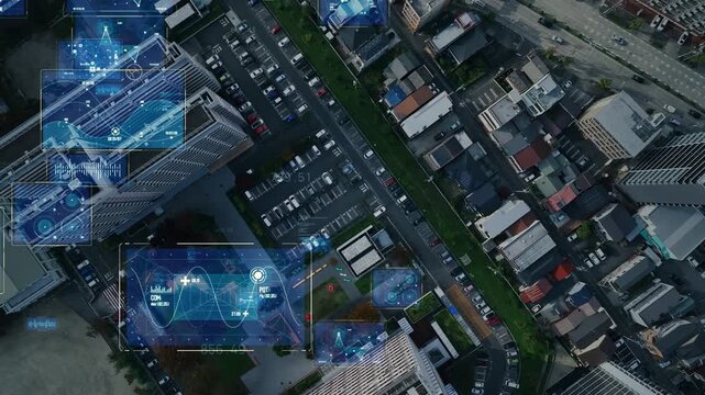 現代都市の真俯瞰ドローン空撮とデジタルテクノロジーのコンセプト