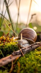A snail crawls across vibrant green moss and a twig in soft, warm sunlight. Natural and peaceful composition