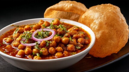 Delicious and Spicy Chickpea Curry Served with Golden Puffed Bread on a Dark Background Perfect for Food Photography and Culinary Arts