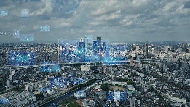 Drone aerial photography of modern city and digital technology concept