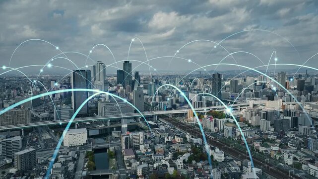 現代都市のドローン空撮と通信ネットワークのコンセプト