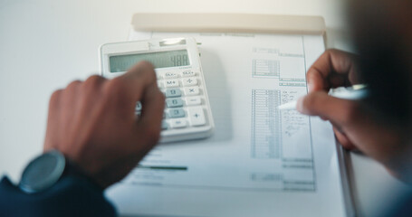 Hands, person and calculator with clipboard in office for accounting, audit process and finance...