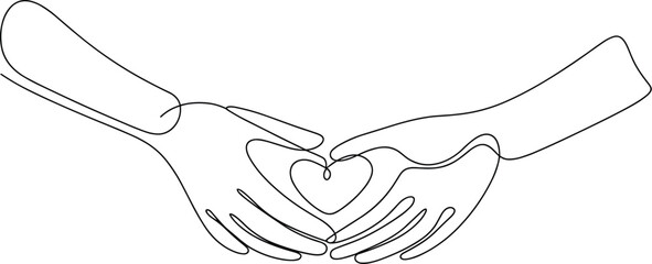 Obraz premium One-Line Drawing of Two Hands Forming a Heart, Concept of Universal Compassion, Mutual Support, Humanitarian Care, Empathy, and Human Connection Vector Illustration