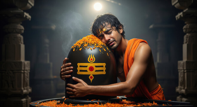 Young Man's Emotional Devotion to Shiva Lingam in Sacred Temple