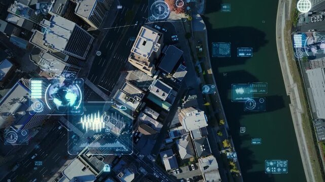 現代都市と道路の真俯瞰ドローン空撮とデジタルテクノロジーのコンセプト