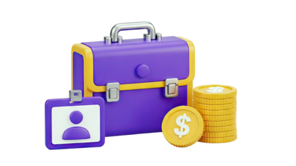 3D Illustration of Briefcase, ID Badge, and Stack of Coins