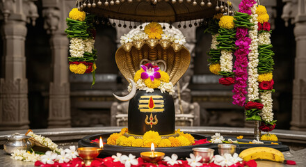 Fototapeta premium Vibrant Shiva Lingam Decoration with Flowers, Lamps, and Offerings in Temple