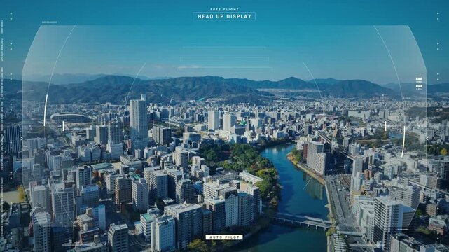 Concept of drone aerial photography of modern city and control interface