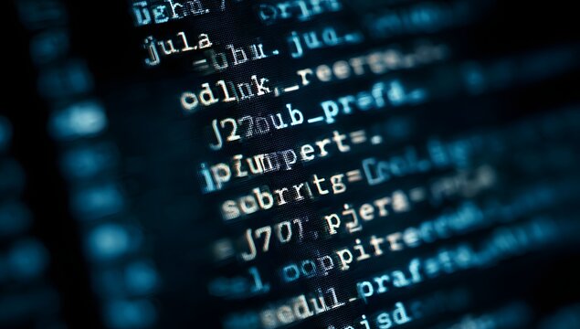 Close up view of glowing blue computer code scrolling on a dark digital screen representing programming and software development concepts - Powered by Adobe