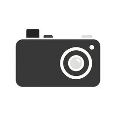 Camera Icon with Lens and Buttons on White Background.