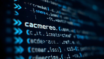 Close up of glowing blue computer code displayed on a dark screen with lines of text and symbols representing programming and digital information