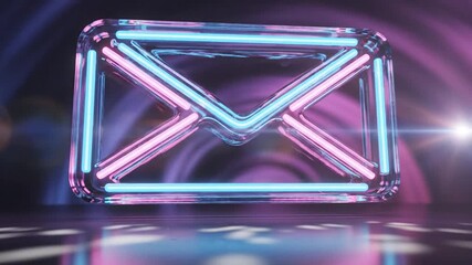 Glowing neon envelope icon in blue and pink hues, symbolizing communication and digital messages on a reflective surface - Powered by Adobe