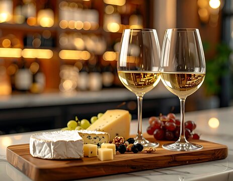 Two glasses of white wine with cheese and grapes on a wooden board, bar background - Powered by Adobe
