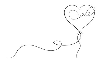 Elegant Continuous Line Art Illustration Capturing a Gentle Romantic Mood with a Minimalist Heart Balloon Design on White Background