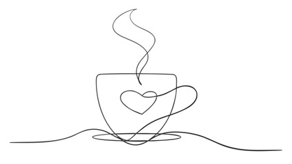Minimalist and warm continuous line illustration of a coffee cup with a heart inside and rising steam, a simple and elegant symbol of love and comfort