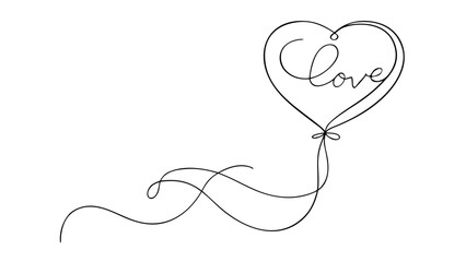 Elegant Continuous Line Art illustration of a Romantic heart balloon, perfect for Valentine's Day or wedding designs, showcasing simple affection.