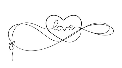 Minimalist continuous line art drawing of a romantic heart with the word love inside and an infinity symbol on a white background perfect for design templates