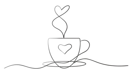 Minimalist Continuous Line Drawing of a Loving Coffee Mug with Heart Shaped Steam for Cozy Morning Design