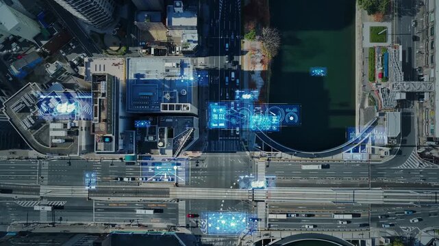 現代都市と道路の真俯瞰ドローン空撮と交通テクノロジーのコンセプト