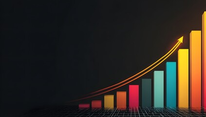 Vibrant upward trending bar graph with a dynamic arrow indicating financial growth and positive economic development against a dark background