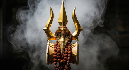 Majestic Golden Shiva Trishul with Damaru and Rudraksha Beads